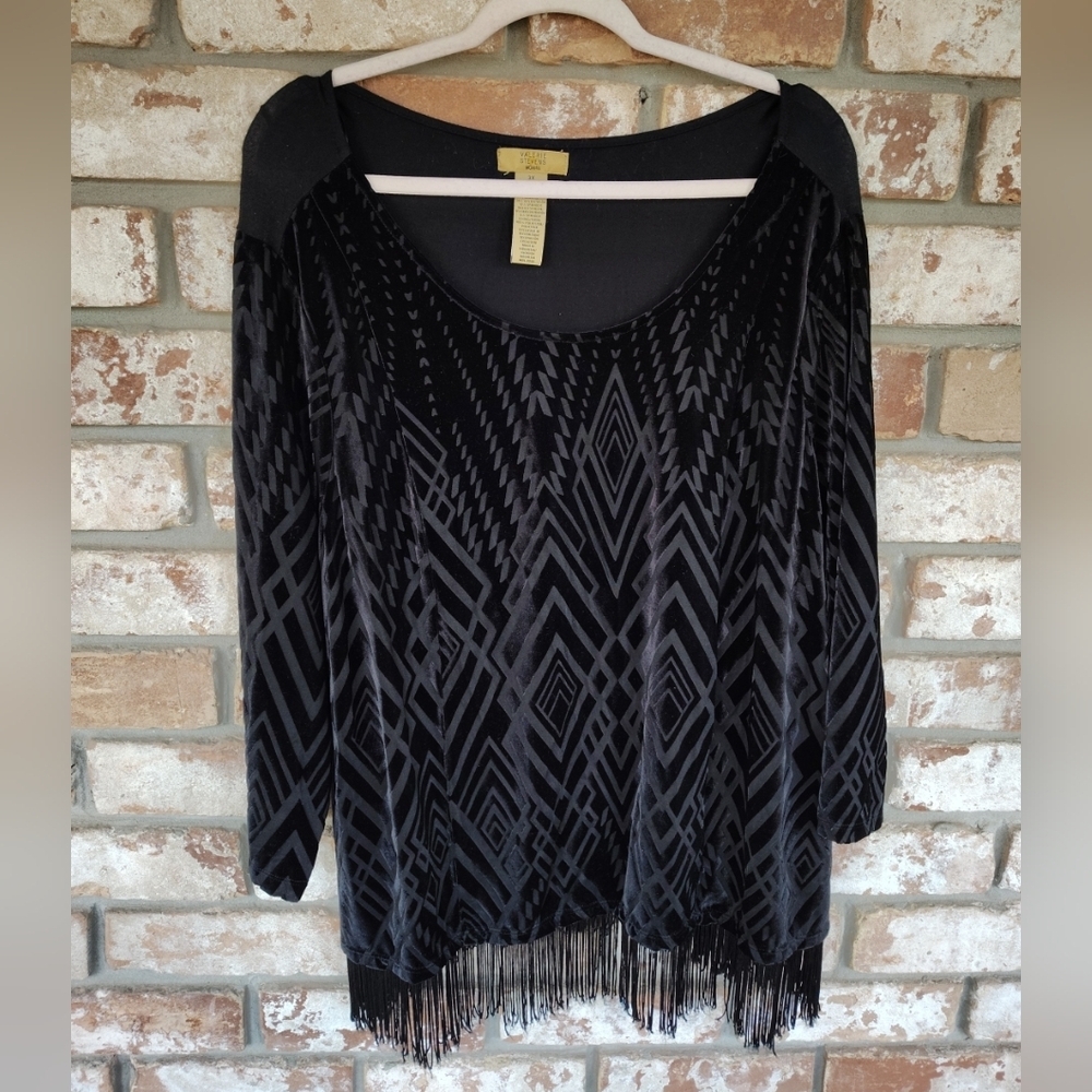 Valerie Stevens Women's Black Velvet Burnout 3/4 Sleeve Fringe Hem Knit Top 3X
